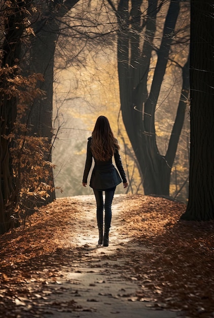 a woman walking down a path in autumn in the style of whiplash curves