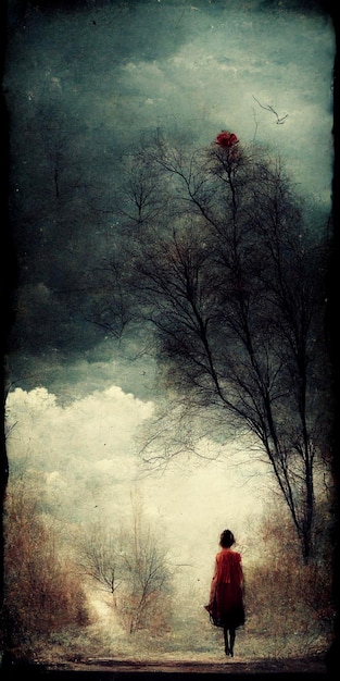 Woman walking down a road under a cloudy sky