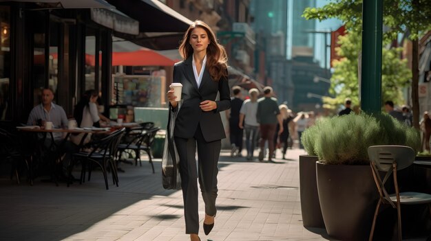 A woman walking down a sidewalk holding a cup of coffee Generative AI