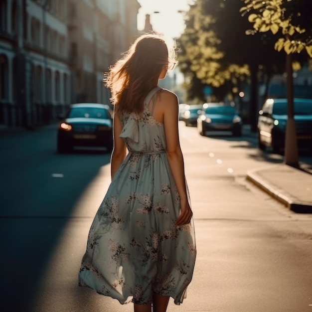 A woman walking down a street in a dress with a flower pattern on it.