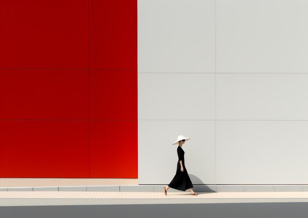 A woman walking down a street in front of a red wall.