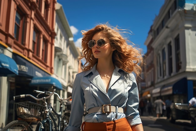 A woman walking down a street going to work