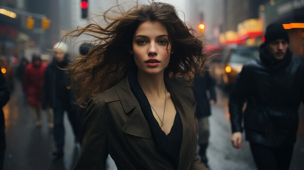 A woman walking down the street in the rain with her hair blowing in the wind