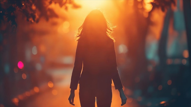 A woman walking down a street at sunset