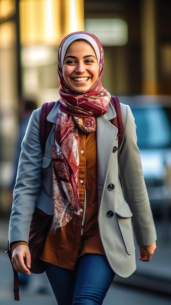 A woman walking down the street wearing a scarf generative ai image