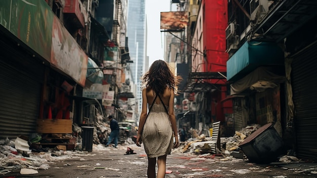 woman walking down a street with a backpack