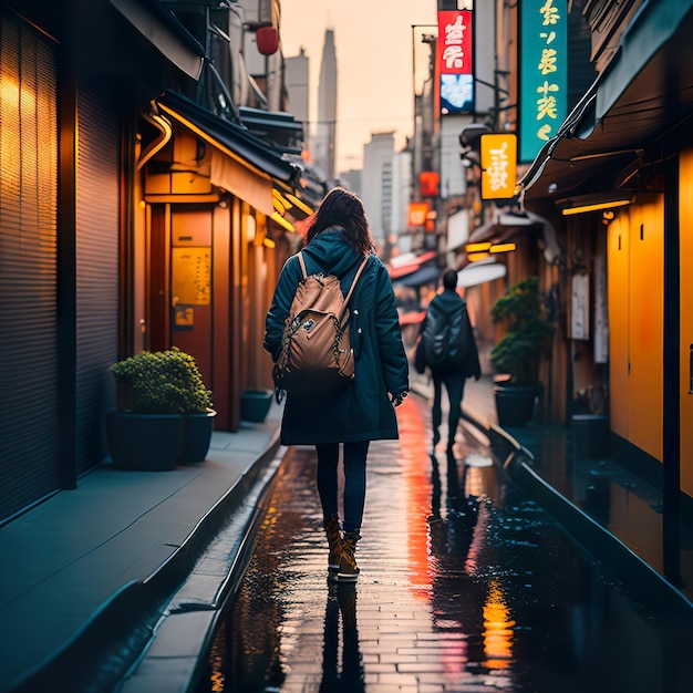 A woman walking down a street with a backpack on.