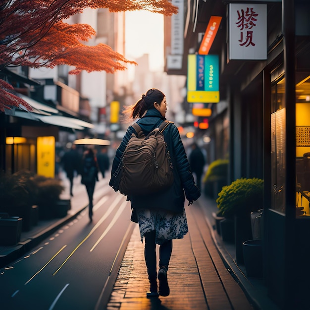 Женщина идет по улице с рюкзаком.