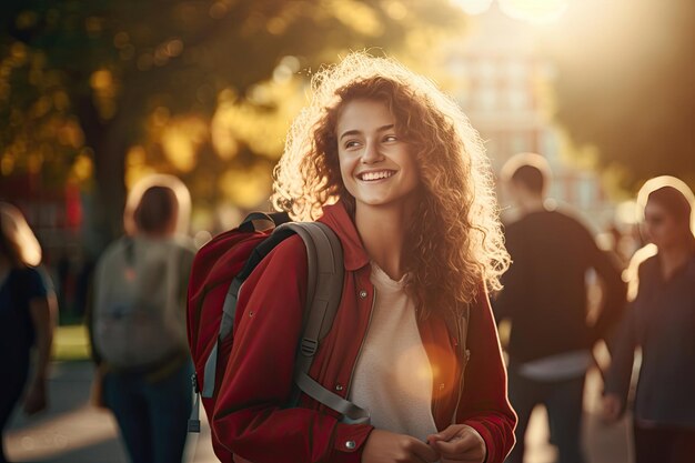 A woman walking down the street with a backpack