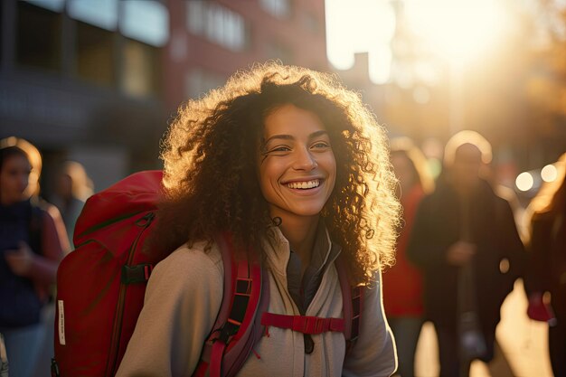 A woman walking down the street with a backpack