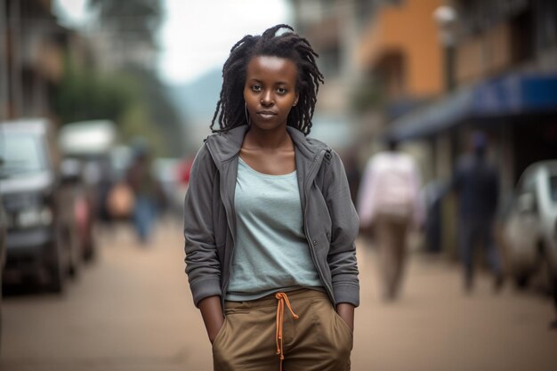 A woman walking down a street with a ponytail