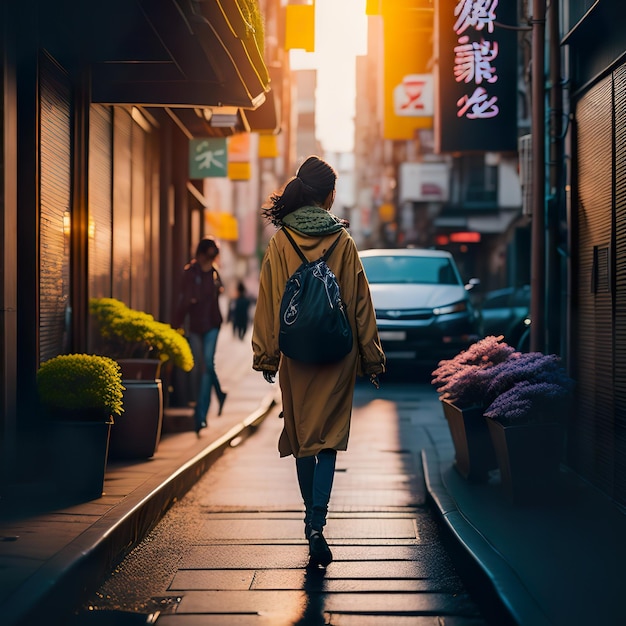 A woman walking down a street with a sign that says " z " on it.