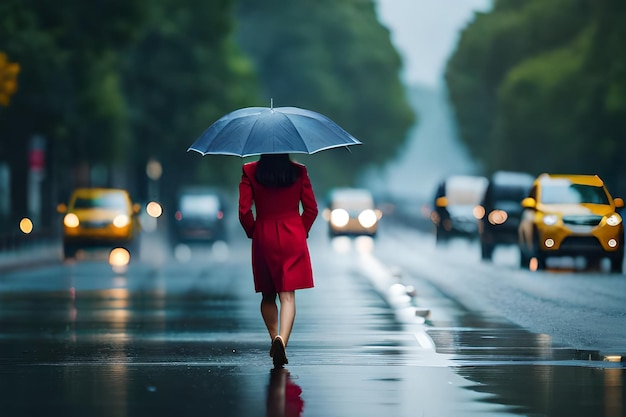 우산을 들고 거리를 고 있는 여자