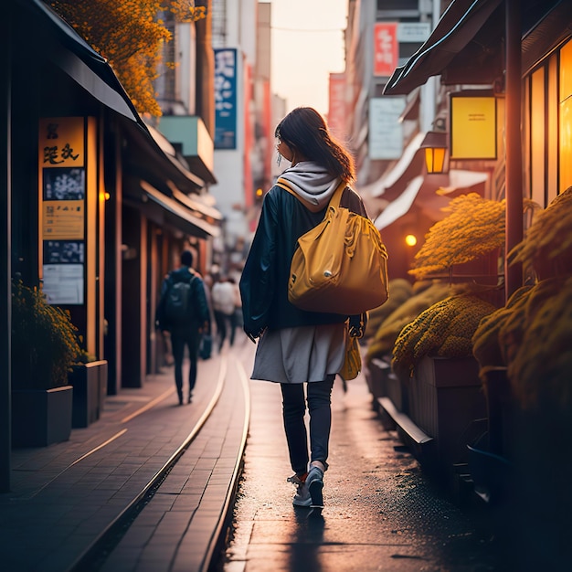 A woman walking down a street with a yellow backpack.