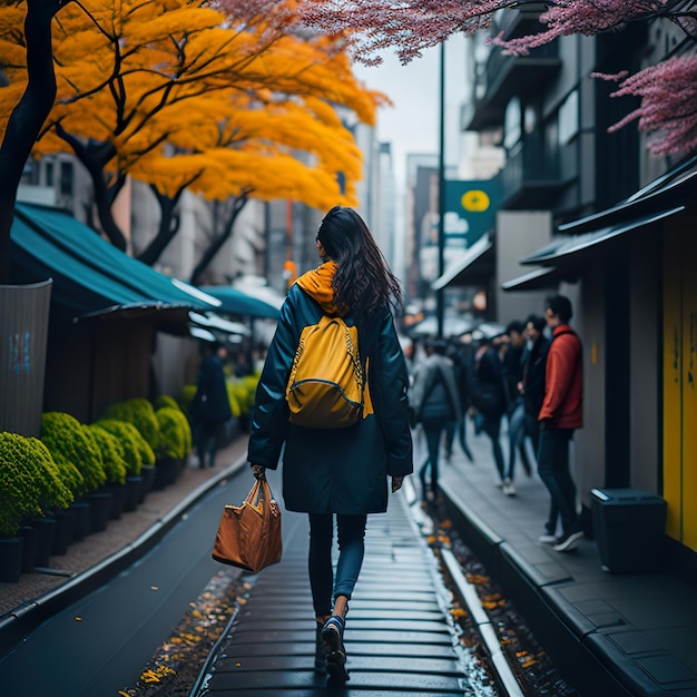 A woman walking down the street with a yellow backpack.