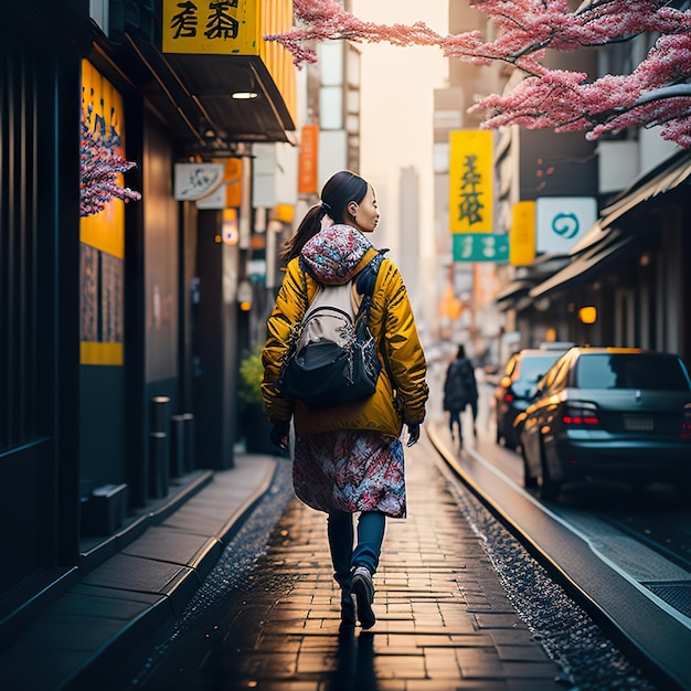 「shibuya」と書かれた黄色い看板のある通りを歩いている女性。