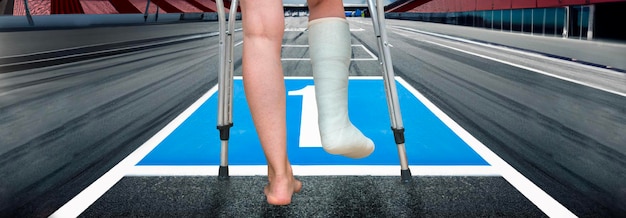 Woman walking on empty racetrack starting area with broken leg