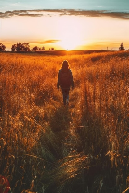 A woman walking in a field with the sun setting behind her.