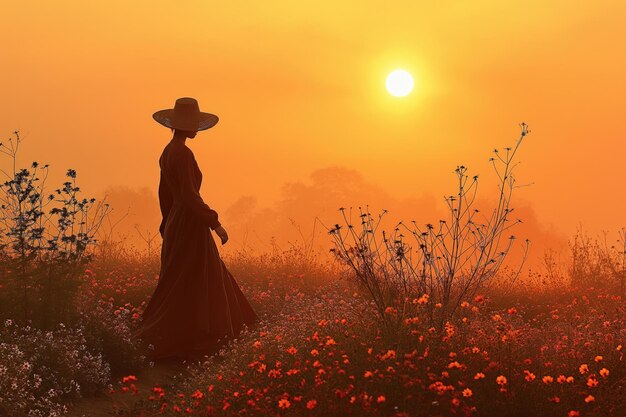 Woman Walking in Flower Field at Golden Sunrise