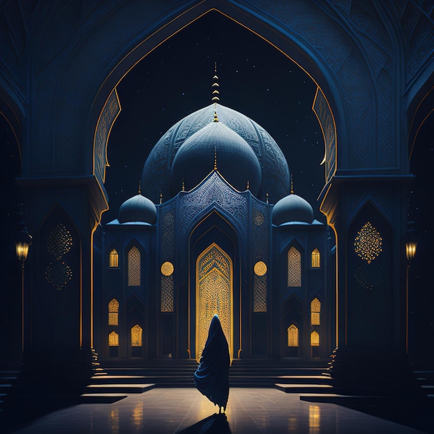 A woman walking in front of a mosque with a blue dome in the background.