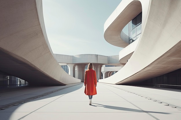 Woman walking in futuristic brutalist city street