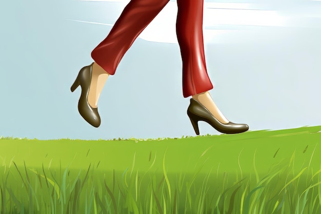 세련된 하이힐을 신고 생동감 넘치는 녹색 들판을 우아하게 가로질러 걷는 여성