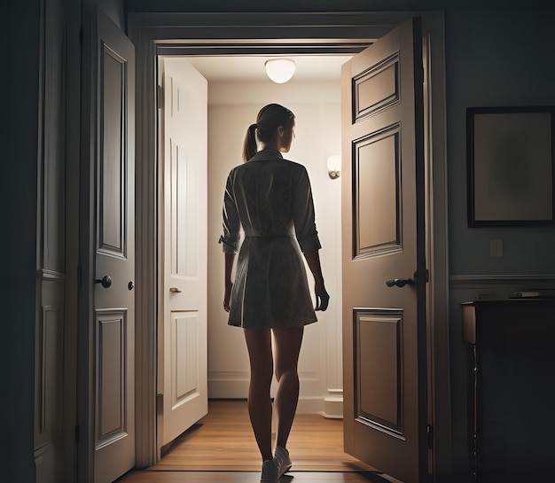 Photo woman walking in her apartment