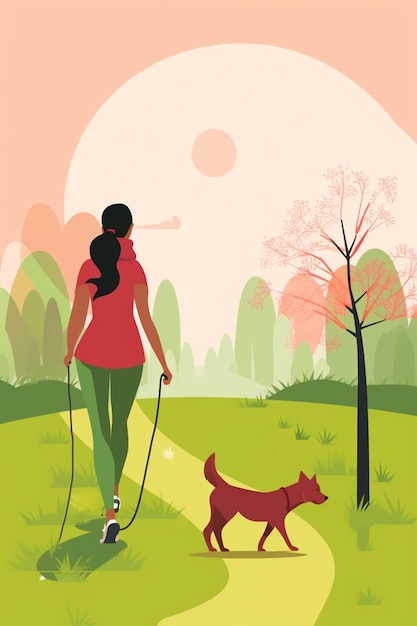 A woman walking her dog in a park with a tree in the background.