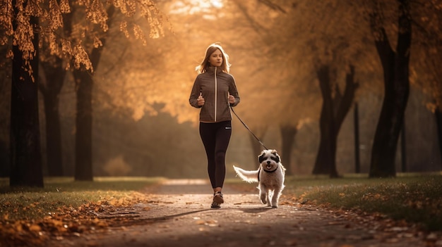 A woman walking her dog in a park