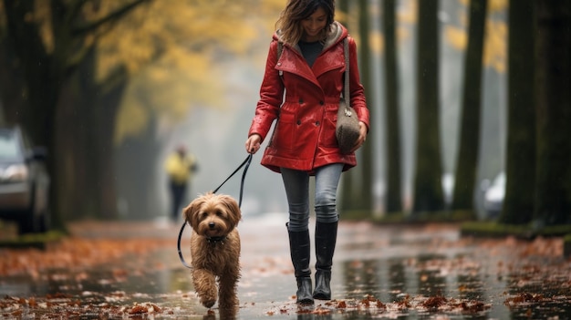 Woman walking her dog in the rain with umbrella