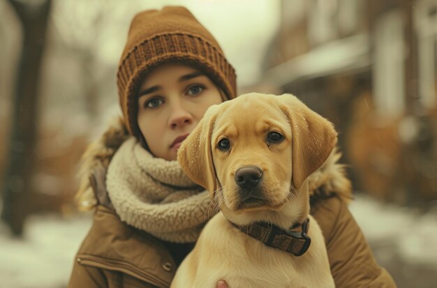 woman walking her yellow labrador puppy in city