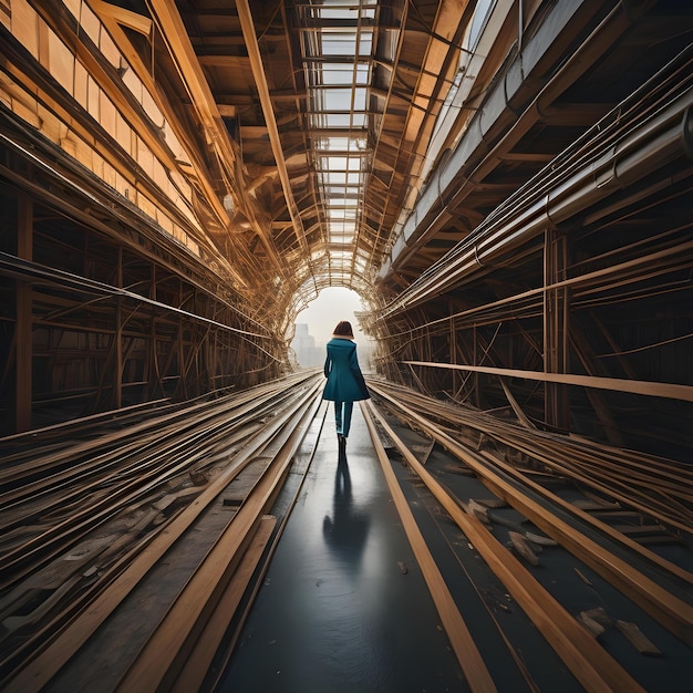 a woman walking in an industrial corridor generative ai