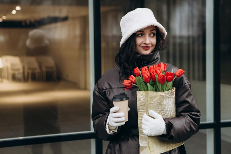 赤いチューリップの花束を持った雲の天気でガラスのオフィスビルの近くを歩く女性