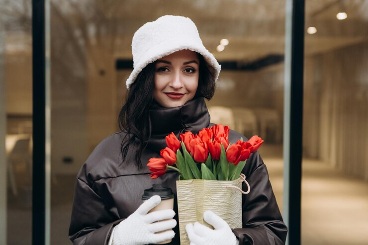 赤いチューリップの花束を持った雲の天気でガラスのオフィスビルの近くを歩く女性