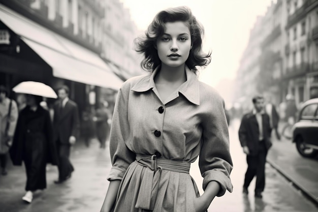 woman walking in Paris in 1950 monochromatic vintage