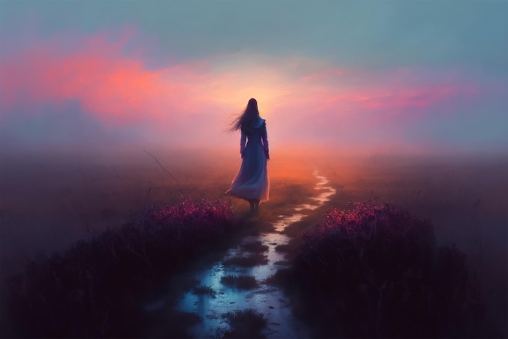 woman walking path field with sun shining down her back 582637 1701