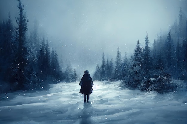 Woman walking on a path in a mystery dark forest covered with fog Illustration Young lonely female in forest at night