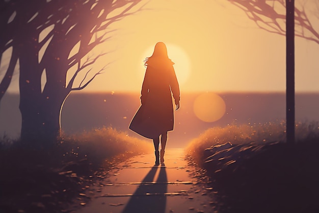 A woman walking on a path in the sunset