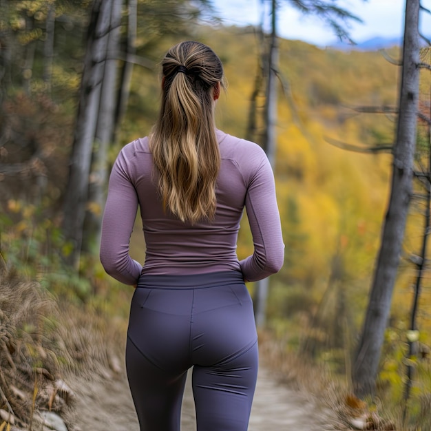 a woman walking on a path in the woods