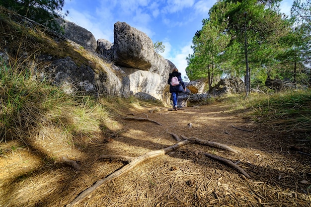 Woman walking among pines and roots on the ground of the Enchanted City of Cuenca Spain