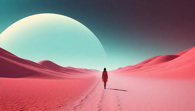 Woman walking on a pink sand desert with a large pink moon in the background