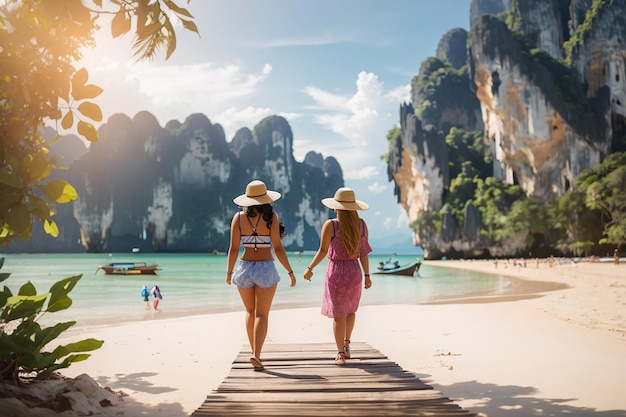 Donna che cammina su railay beach krabi in thailandia