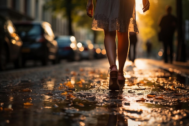 Premium AI Image | A woman walking in a rain puddle on a rainy day ...