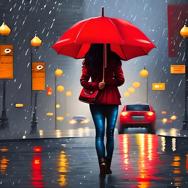 A woman walking in the rain with an umbrella