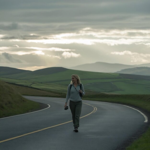 Woman walking on road near hills under cloudy sky