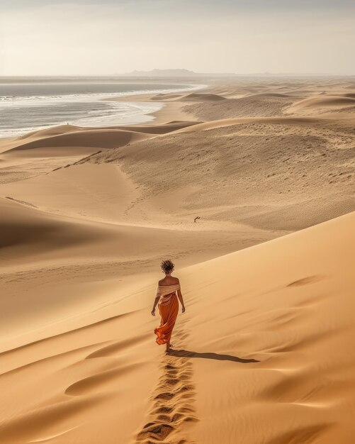 Woman walking on sand dunes of a beach alone