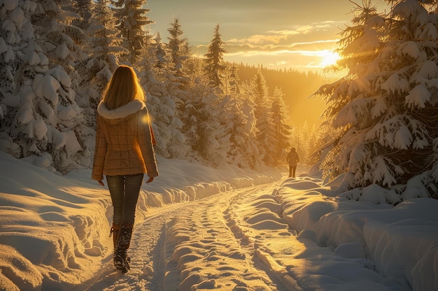 Woman Walking on Snow Covered Path in Winter Forest during Golden Hour Sunset
