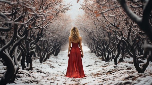 woman walking in a snowy forest