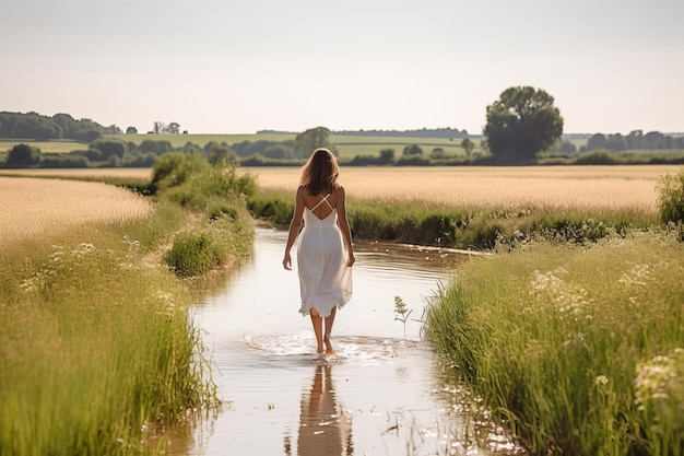 Woman walking in a stream in france