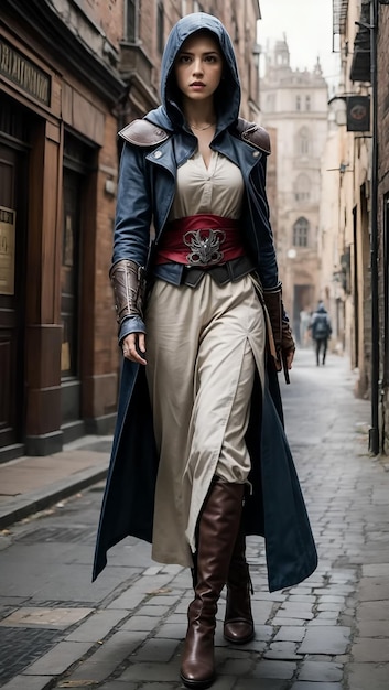 Foto una donna che cammina per le strade cosplay come credo dell'assassino